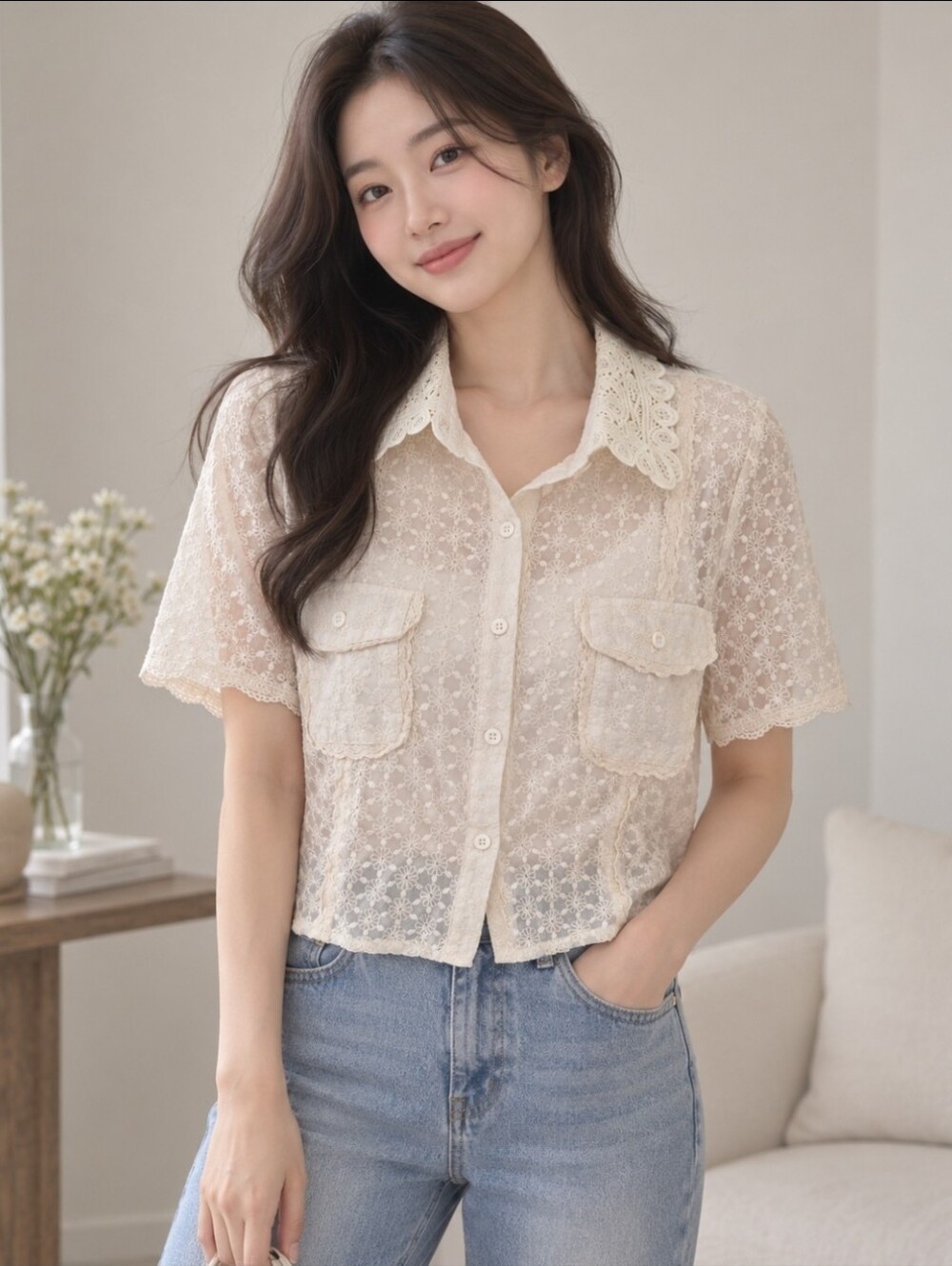 NWOT Korean Boutique Lace Crochet Short-Sleeve Button-Up Top - Cream - Size M